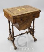 A Victorian walnut games and work table, the folding top with Tunbridgeware inlaid view of Eridge