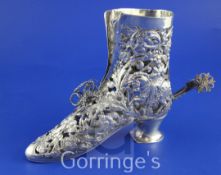An early 20th century Hanau pierced silver ornamental model of a lady's shoe with spur, decorated