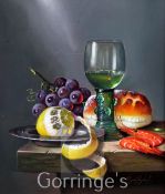 Raymond Campbell (20th C.)oil on board,Still life with röemer and prawns,signed,13.5 x 11.5in.