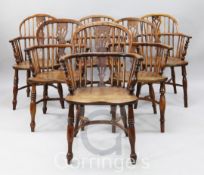 A harlequin set of six 19th century elm, ash and yew Windsor chairs, with pierced splats, saddle