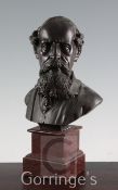 A 19th century bronze bust of Charles Dickens, indistinctly signed Aubezi?, on red marble plinth,