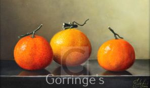 § Johan de Fre (1952-)oil on board,Three mandarins,signed and dated 2004, Oakham Galleries label