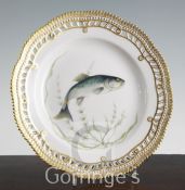 A Royal Copenhagen Fauna Danica fish plate, date code for 1957, painted with "Salmo Arutta", pierced