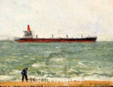 § Richard Eurich R.A. (1903-1992)oil on board,Freighter at seat with dog walker on the beach,