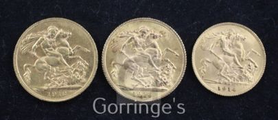 Two George V gold sovereigns, 1912, near EF and 1914, EF and a George V half sovereign, 1914, EF (