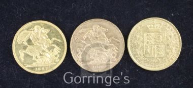 Three Victoria gold sovereigns, 1853, VF, 1887, EF and 1891, VF worn m.m.