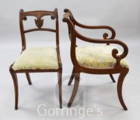 A set of six Regency mahogany dining chairs, including two carvers, with anthemion carved cresting