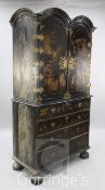 A William & Mary chinoiserie black japanned double dome top secretaire cabinet, with moulded top,