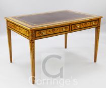 A Sheraton revival inlaid satinwood writing table, with Greek key tooled burgundy skiver and two