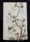 A Japanese ivory and gilt lacquer card case, Meiji period, relief decorated with birds amid