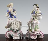 A near pair of Bow figures of musicians, c.1758, the first a gentleman playing the bagpipes, the