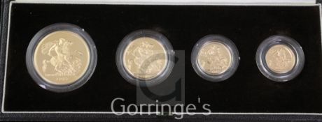 A UK proof specimen coin set of four gold coins, 1985, comprising Crown, two pounds, sovereign and