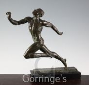 Pierre Le Faguay (1892-1935) An Art Deco bronze figure of a running athlete, signed, on black marble