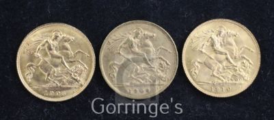 Three Edward VII gold half sovereigns, two 1908, VF and EF and 1910, EF