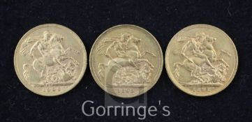 An Edward VII gold sovereign, 1906 and two Victoria gold sovereigns, 1892 and 1899 (Melbourne
