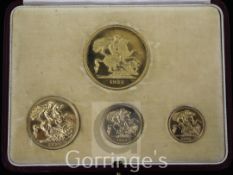 A George VI coronation 1937 proof specimen set of four gold coins, comprising five pounds, two
