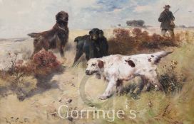Henry Schouten (Belgian, 1864-1927)oil on canvas,Gun dogs in a landscape,signed,24 x 36in.