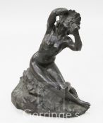 John Tweed (1869-1933). A bronze figure of a female bather seated upon a rock, signed, 23in.