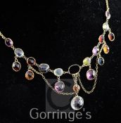 A mid 20th century Austrian 14ct gold and multi gem set drop necklace, including amethyst and