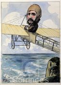 Rostro c.1909ink and watercolour,Cartoon of Bleriot in his monoplane flying over the cliffs,signed,