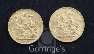 Two Edward VII gold sovereigns, 1908 and 1910, both near EF