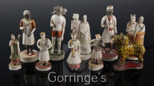 Ten 19th century Indian carved and painted ivory figures, of domestic servants, deities, musicians