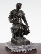 After the antique. A bronze model of a seated Roman soldier, inscribed 'Michel angelo', 6.5in, on