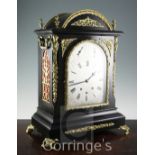A Victorian style brass mounted ebonised chiming bracket clock, of architectural form, the arched