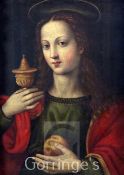 Follower of Fra Bartolomeooil on wooden panel,Virgin holding a chalice and fruit,15.5 x 11.5in..