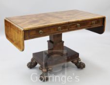 A Regency satinwood sofa table, with burr wood crossbanding and two frieze drawers, on stepped