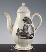 A Wedgwood creamware coffee pot, c.1775, transfer printed in black in Liverpool with 'The Tea Party'