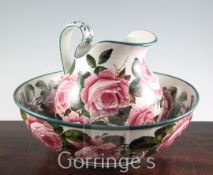 A Wemyss cabbage rose pattern wash basin and ewer, early 20th century, the ewer inscribed in green