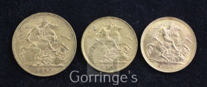 An Edward VII gold sovereign, 1907, VF nick on obv 11 o'clock and two Edward VII gold half