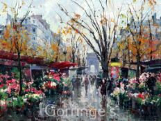 § Jean Salabet (b.1900)oil on canvas,Paris flower market,signed,10.5 x 13.5in.
