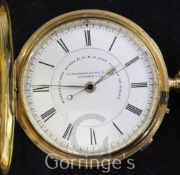 A late Victorian 18ct gold keyless lever hunter chronograph pocket watch by J. Hargreaves & Co,