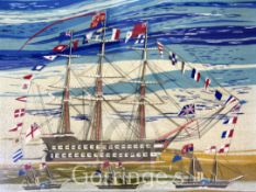 A Victorian sailor's woolwork picture, depicting a ship of the line escorted by paddle steamers,