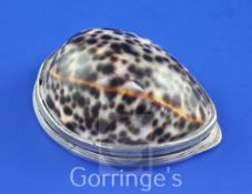 A George III Irish silver mounted cowrie shell snuff box, with reeded borders and engraved with
