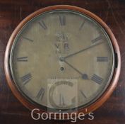 Dutton of Fleet Street. A Victorian mahogany wall clock with Crowned VR monogram and 1847 date to