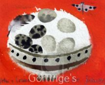 § Mary Fedden (1915-2012)gouache and watercolour,Bird's egg and feather on orange, signed and