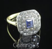 A 1930's/1940's Art Deco 18ct gold, sapphire and diamond ring, of octagonal tablet form, with
