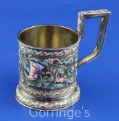 A late 19th/early 20th century Russian 84 zolotnik silver and cloisonne enamel tea glass holder,