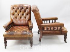 A pair of late Victorian mahogany club armchairs, with buttoned tan leather upholstery, on parcel