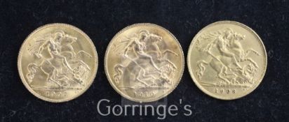 Three Edward VII gold half sovereigns, 1907, EF, 1908, VF and 1910, EF