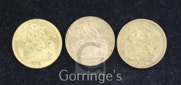 Three Victoria gold sovereigns, 1872, Good F, 1887, EF with edge nicks and 1896, VF