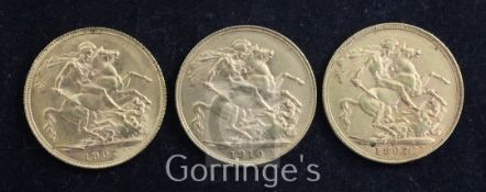 Three Edward VII gold sovereigns, two 1907, VF and EF and 1910, good VF
