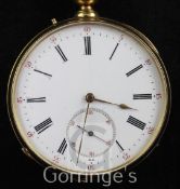 A 19th century French engine turned gold keyless lever pocket watch, with Roman dial and