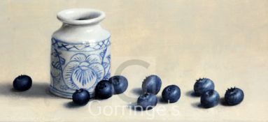 Willem Dolphyn (1935-)oil on panel,Blueberries and a white pot,signed,3.5 x 7.5in.