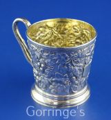 A Victorian silver christening mug by John Samuel Hunt, of tapering cylindrical form, with rustic