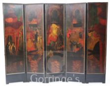 § Adrien Désiré Etienne Drian (1885-1961)5 oils on leather panels set into a dressing screen,Figures