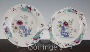 Two Bow porcelain polychrome plates, c.1754, of octagonal and circular form, each painted in the